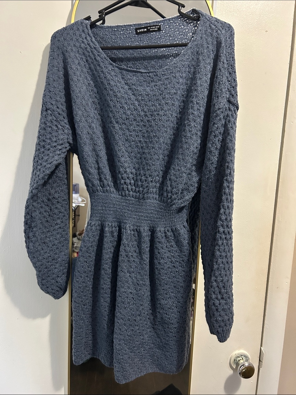 SHEIN Dark Gray Textured Knit Long Sleeve Waist-Defined Dress